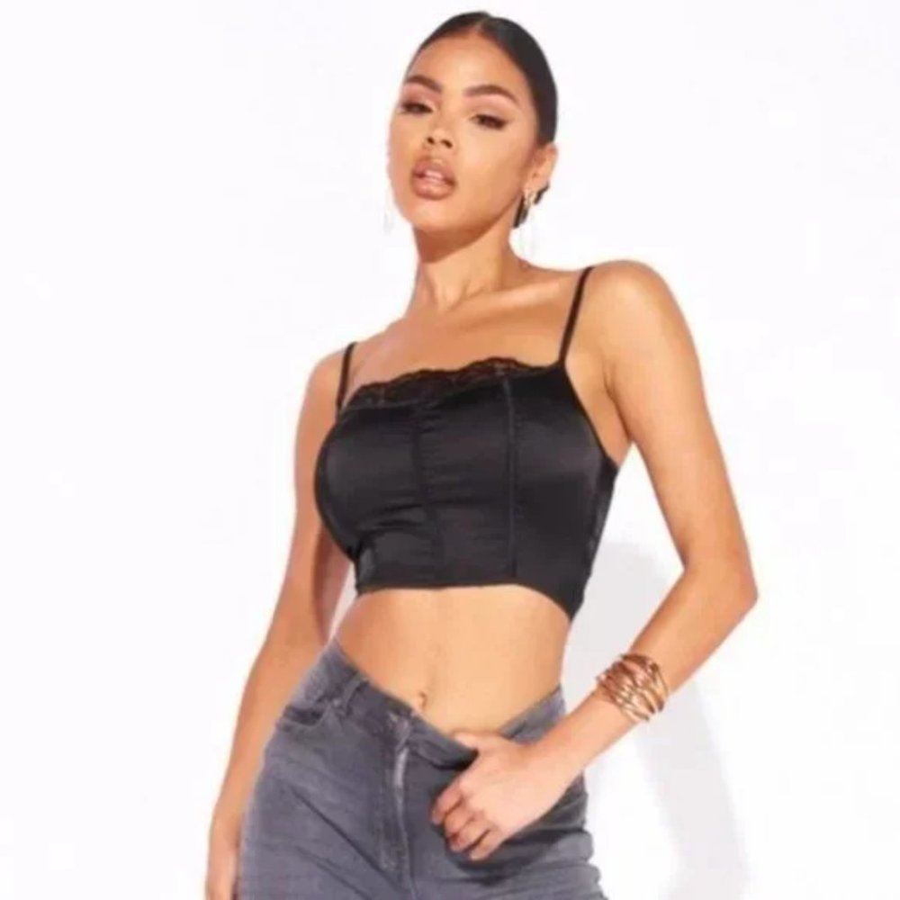 Black Satin Silk Lace Trim Sleeveless Square Neck Crop Top - Picture 5 of 17